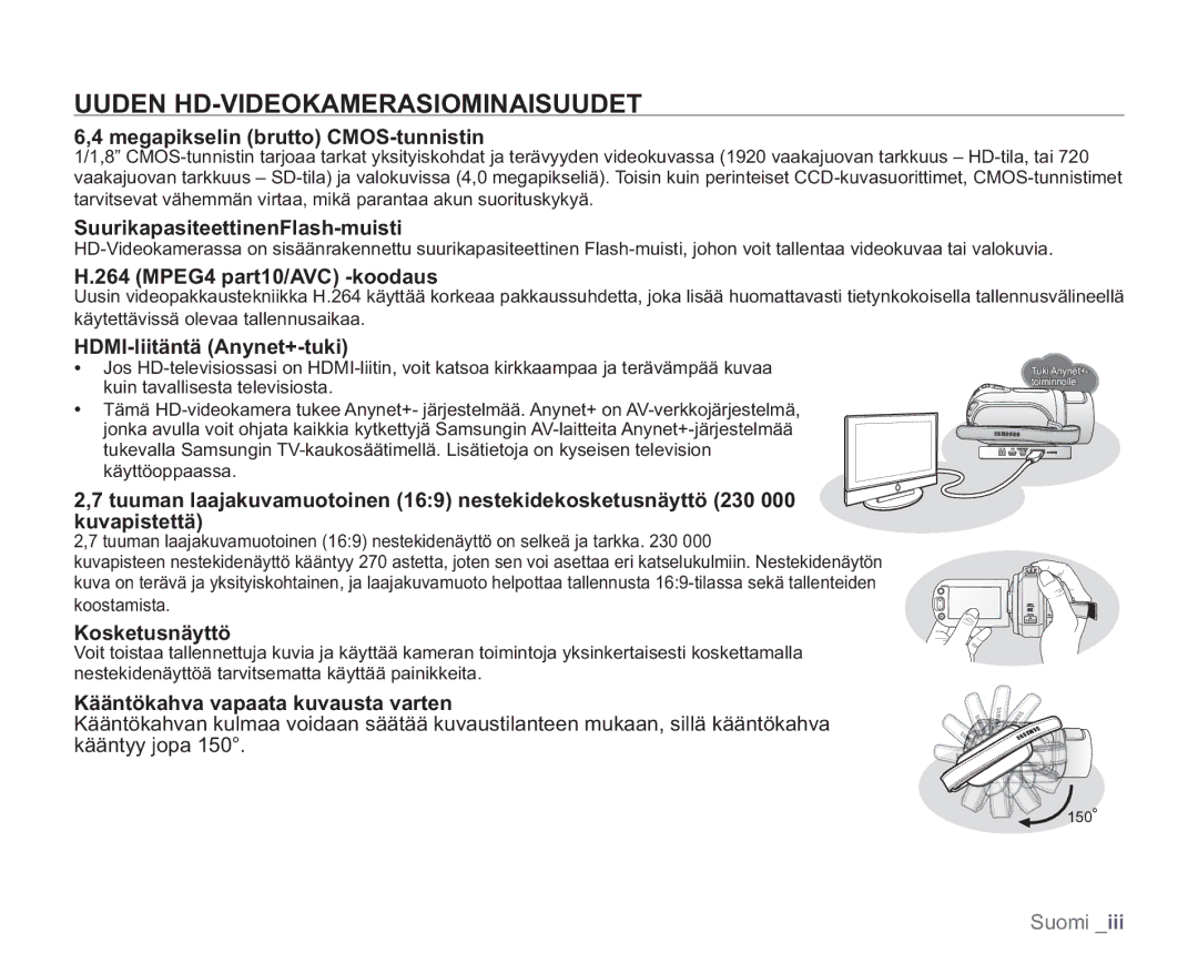 Samsung VP-HMX20C/XEE, VP-HMX20C/EDC manual Uuden HD-VIDEOKAMERASIOMINAISUUDET 