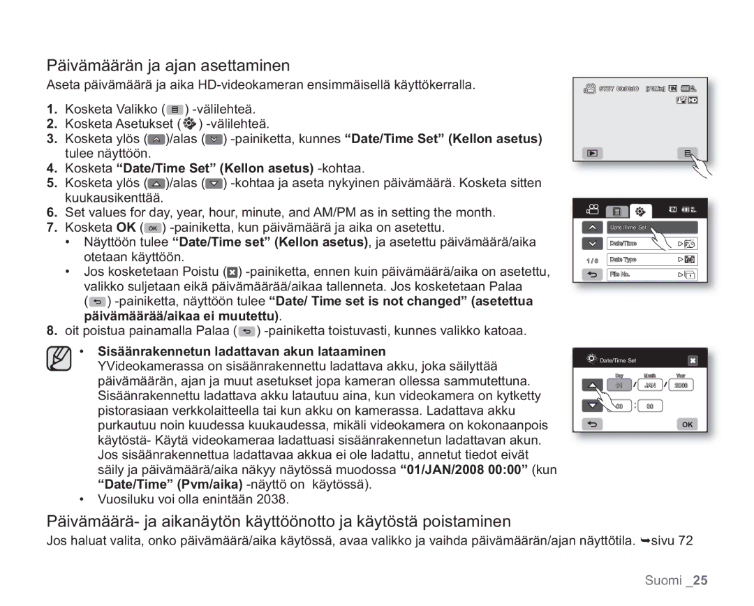 Samsung VP-HMX20C/XEE, VP-HMX20C/EDC manual Päivämäärän ja ajan asettaminen, Kosketa Date/Time Set Kellon asetus -kohtaa 