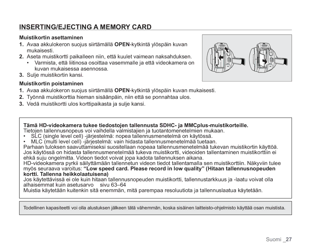 Samsung VP-HMX20C/XEE, VP-HMX20C/EDC INSERTING/EJECTING a Memory Card, Muistikortin asettaminen, Muistikortin poistaminen 