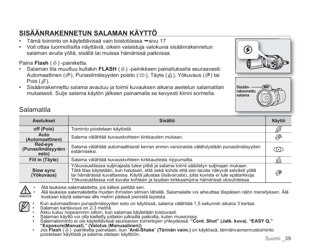 Samsung VP-HMX20C/XEE, VP-HMX20C/EDC manual Sisäänrakennetun Salaman Käyttö, Salamatila, Asetukset Sisältö, Yökuvaus 