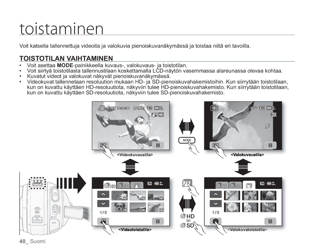 Samsung VP-HMX20C/EDC, VP-HMX20C/XEE manual Upjtubnjofo, Toistotilan Vaihtaminen 