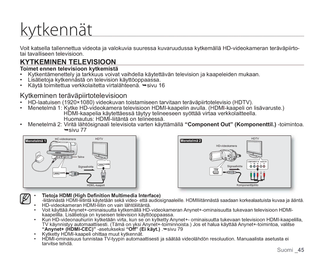 Samsung VP-HMX20C/XEE, VP-HMX20C/EDC manual Lzulfooêu, Kytkeminen Televisioon, Kytkeminen teräväpiirtotelevisioon 