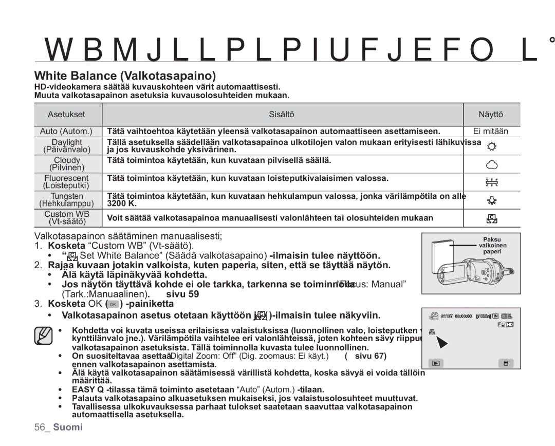 Samsung VP-HMX20C/EDC manual White Balance Valkotasapaino, Tätä toimintoa käytetään, kun kuvataan pilvisellä säällä, 3200 K 