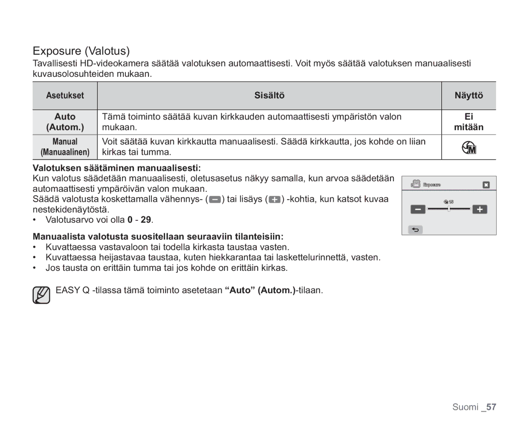 Samsung VP-HMX20C/XEE, VP-HMX20C/EDC manual Exposure Valotus, Asetukset Sisältö Näyttö, Valotuksen säätäminen manuaalisesti 