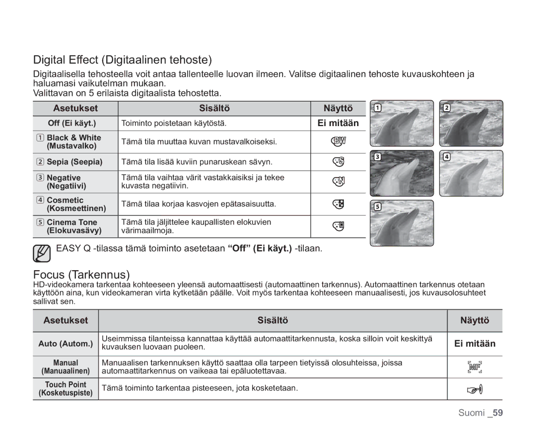 Samsung VP-HMX20C/XEE, VP-HMX20C/EDC manual Digital Effect Digitaalinen tehoste, Focus Tarkennus, Asetukset Sisältö 