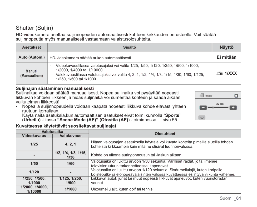 Samsung VP-HMX20C/XEE, VP-HMX20C/EDC manual Shutter Suljin, Suljinajan säätäminen manuaalisesti 