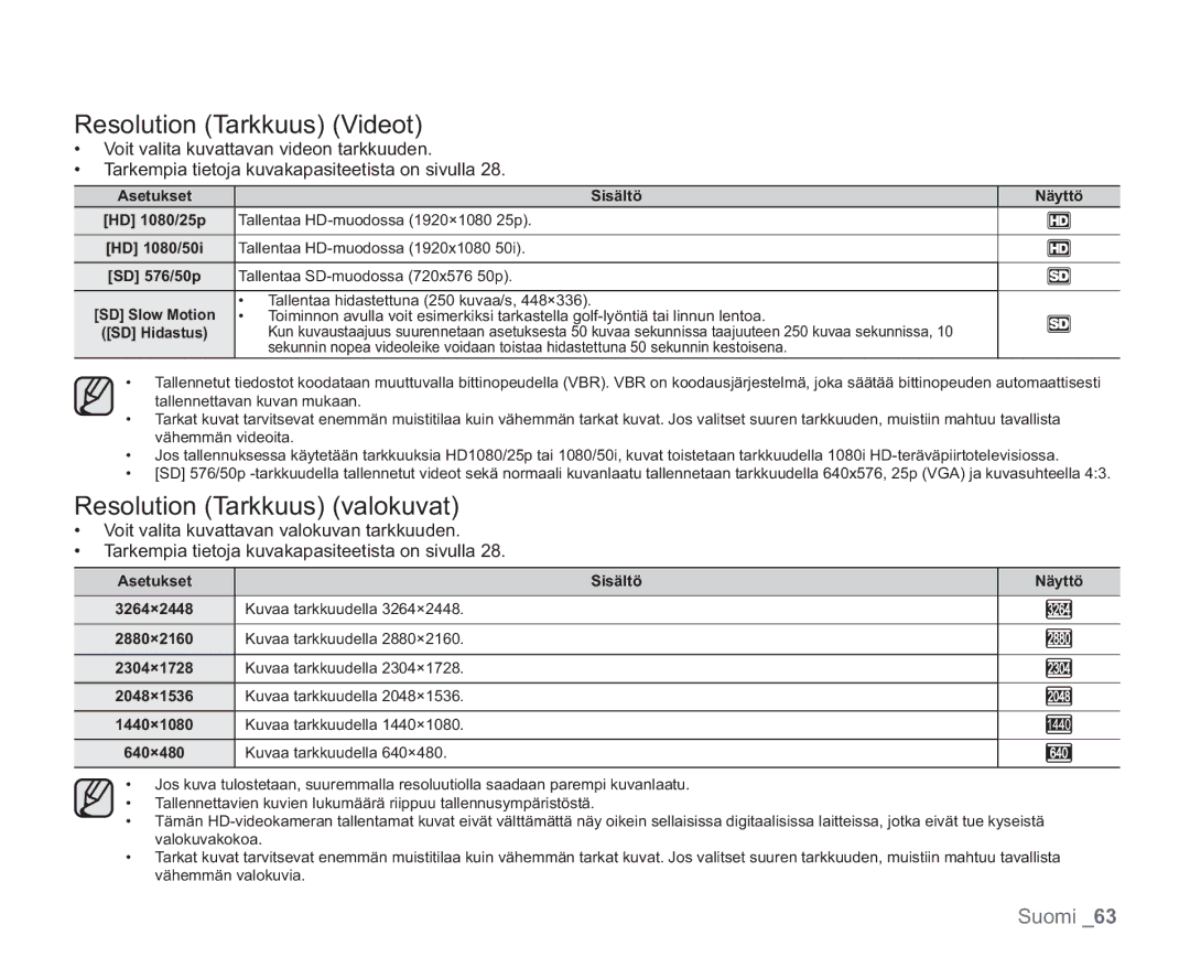 Samsung VP-HMX20C/XEE, VP-HMX20C/EDC manual Resolution Tarkkuus Videot, Resolution Tarkkuus valokuvat 