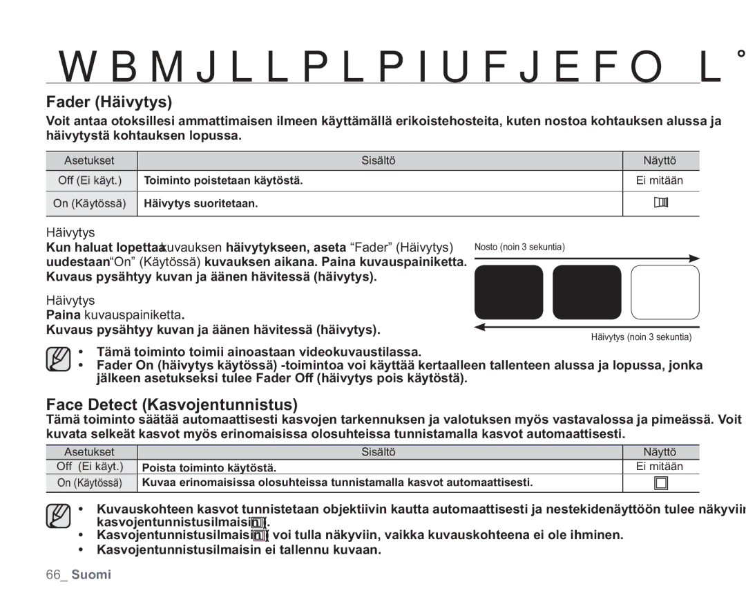 Samsung VP-HMX20C/EDC, VP-HMX20C/XEE manual Fader Häivytys, Face Detect Kasvojentunnistus, Häivytys Paina kuvauspainiketta 