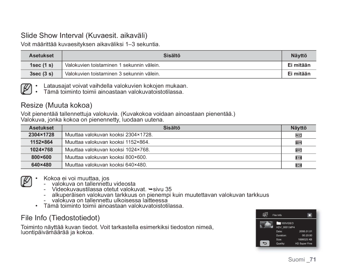 Samsung VP-HMX20C/XEE, VP-HMX20C/EDC Slide Show Interval Kuvaesit. aikaväli, Resize Muuta kokoa, File Info Tiedostotiedot 