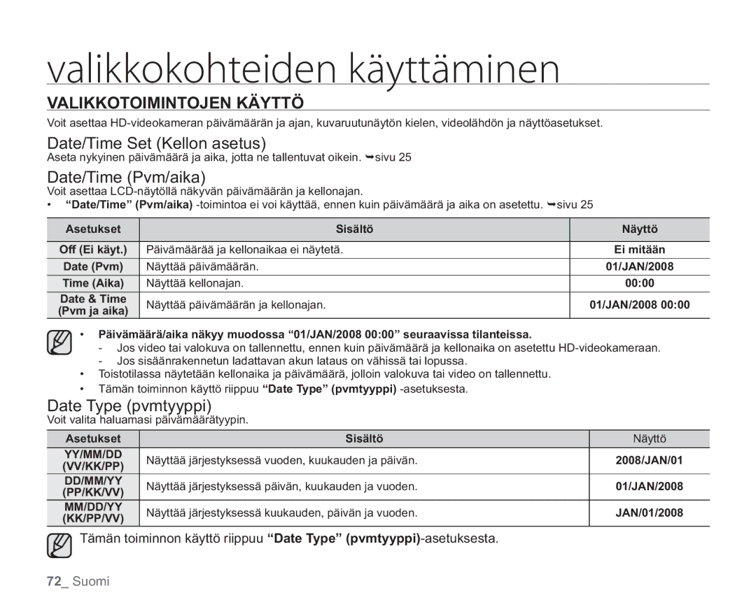 Samsung VP-HMX20C/EDC Valikkotoimintojen Käyttö, Date/Time Set Kellon asetus, Date/Time Pvm/aika, Date Type pvmtyyppi 