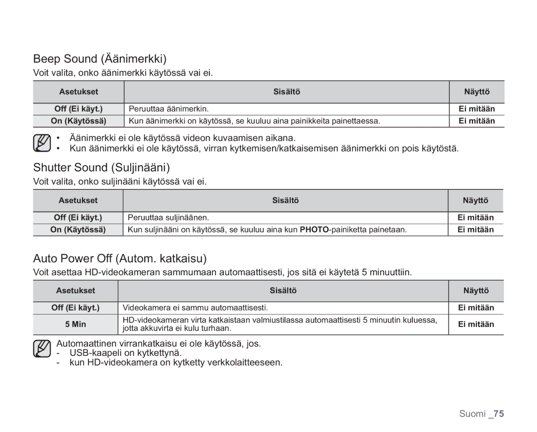 Samsung VP-HMX20C/XEE, VP-HMX20C/EDC manual Beep Sound Äänimerkki, Shutter Sound Suljinääni, Auto Power Off Autom. katkaisu 