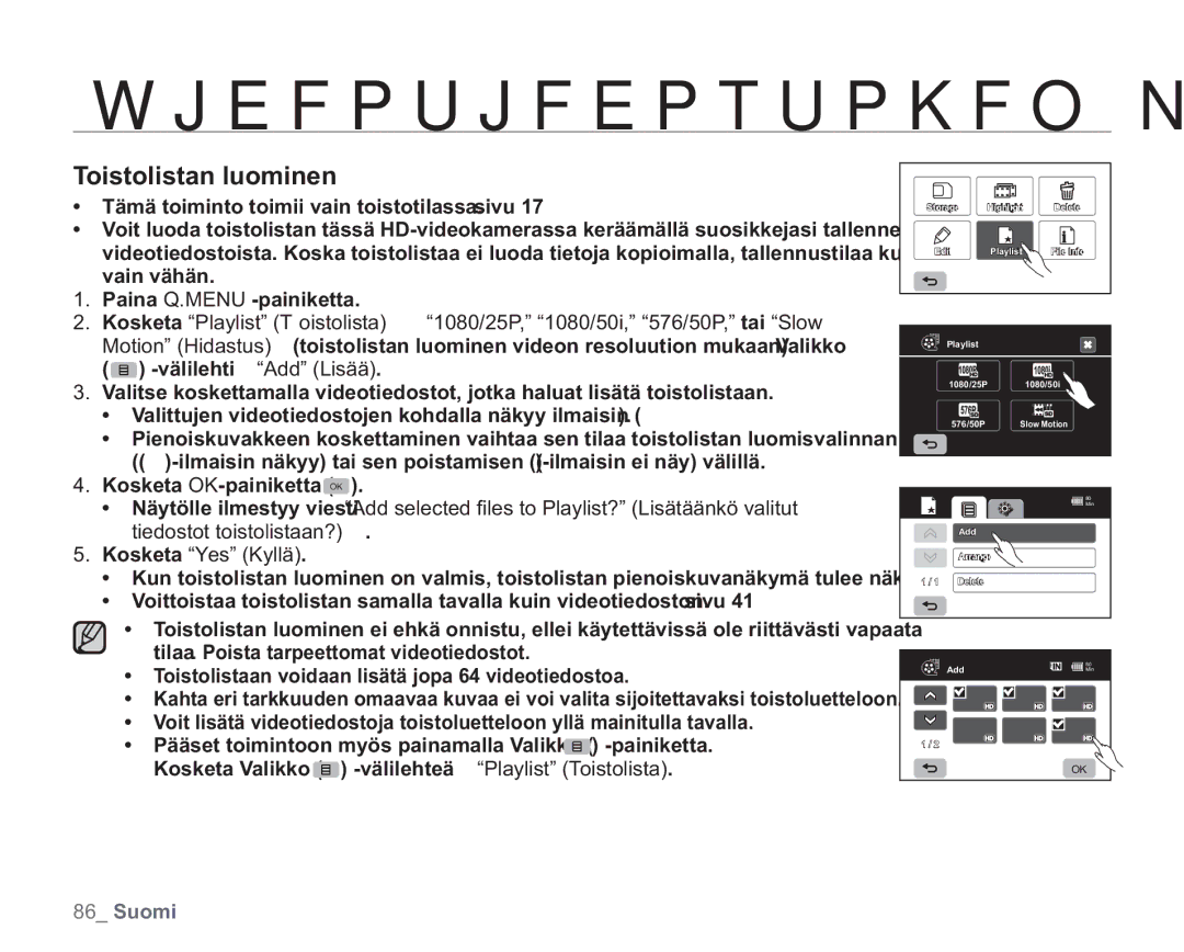 Samsung VP-HMX20C/EDC, VP-HMX20C/XEE manual Toistolistan luominen 