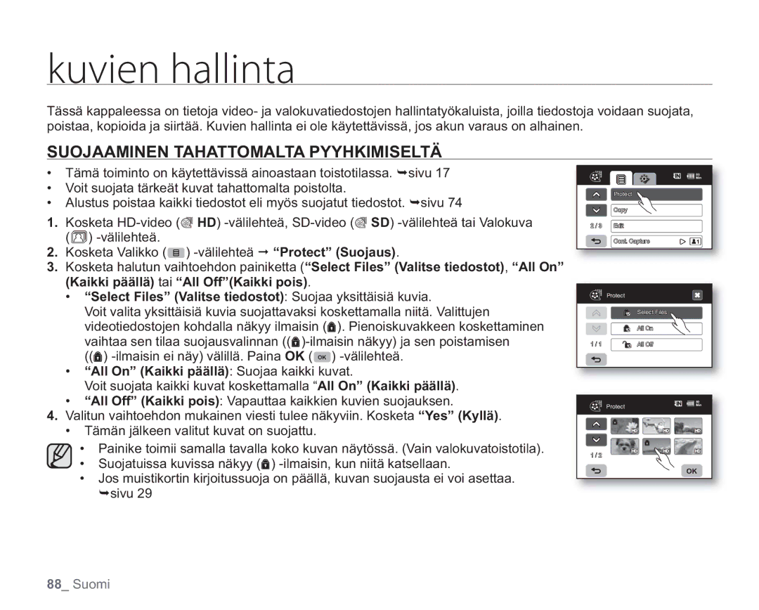 Samsung VP-HMX20C/EDC LvwjfoIbmmjoub, Suojaaminen Tahattomalta Pyyhkimiseltä, All On Kaikki päällä Suojaa kaikki kuvat 