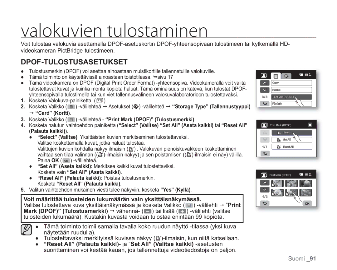 Samsung VP-HMX20C/XEE, VP-HMX20C/EDC manual WbmplvwjfoUvmptubnjofo, Dpof-Tulostusasetukset 