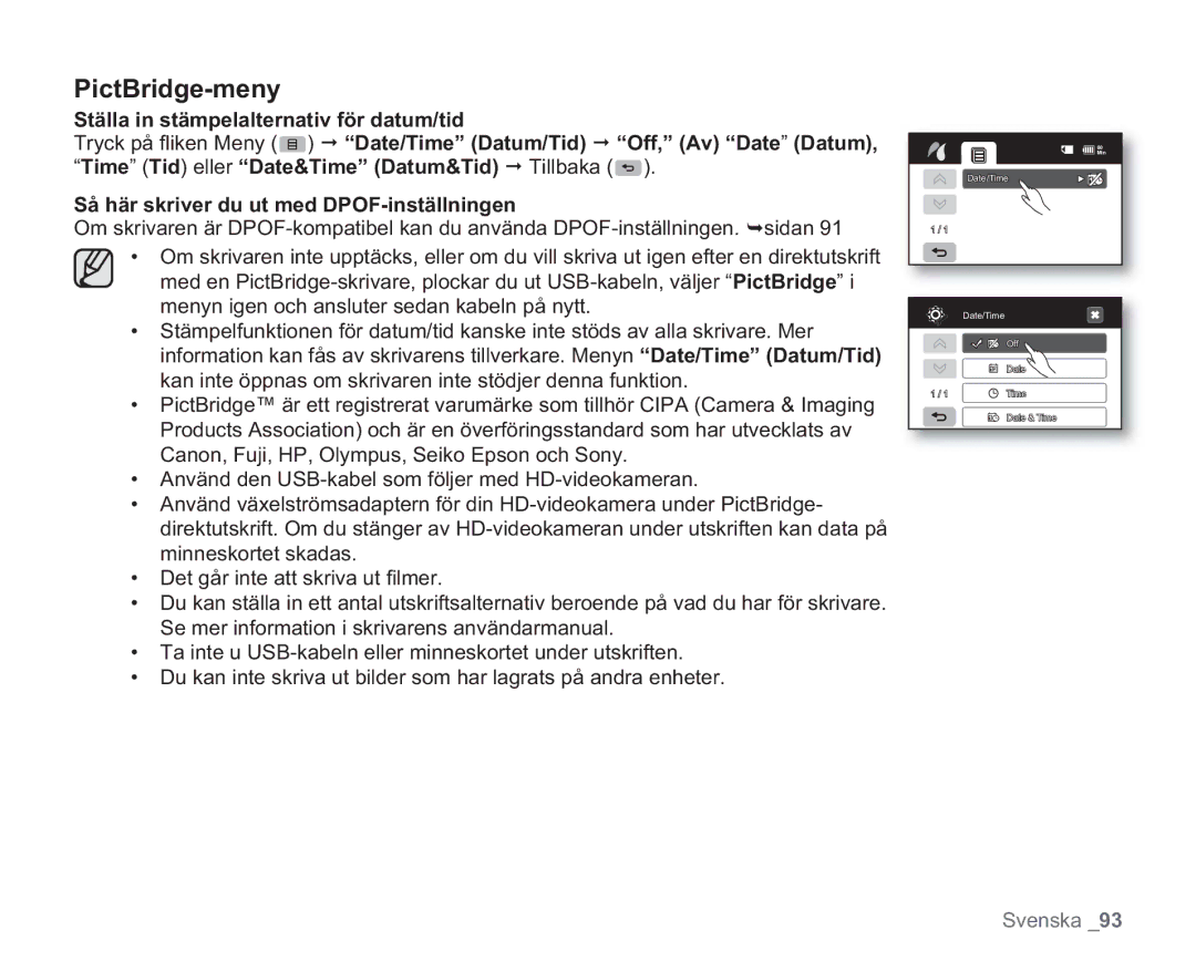 Samsung VP-HMX20C/XEE, VP-HMX20C/EDC manual PictBridge-meny 