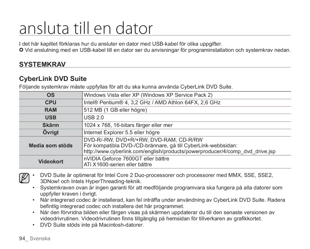 Samsung VP-HMX20C/EDC, VP-HMX20C/XEE manual BotmvubUjmmFoEbups, Systemkrav 