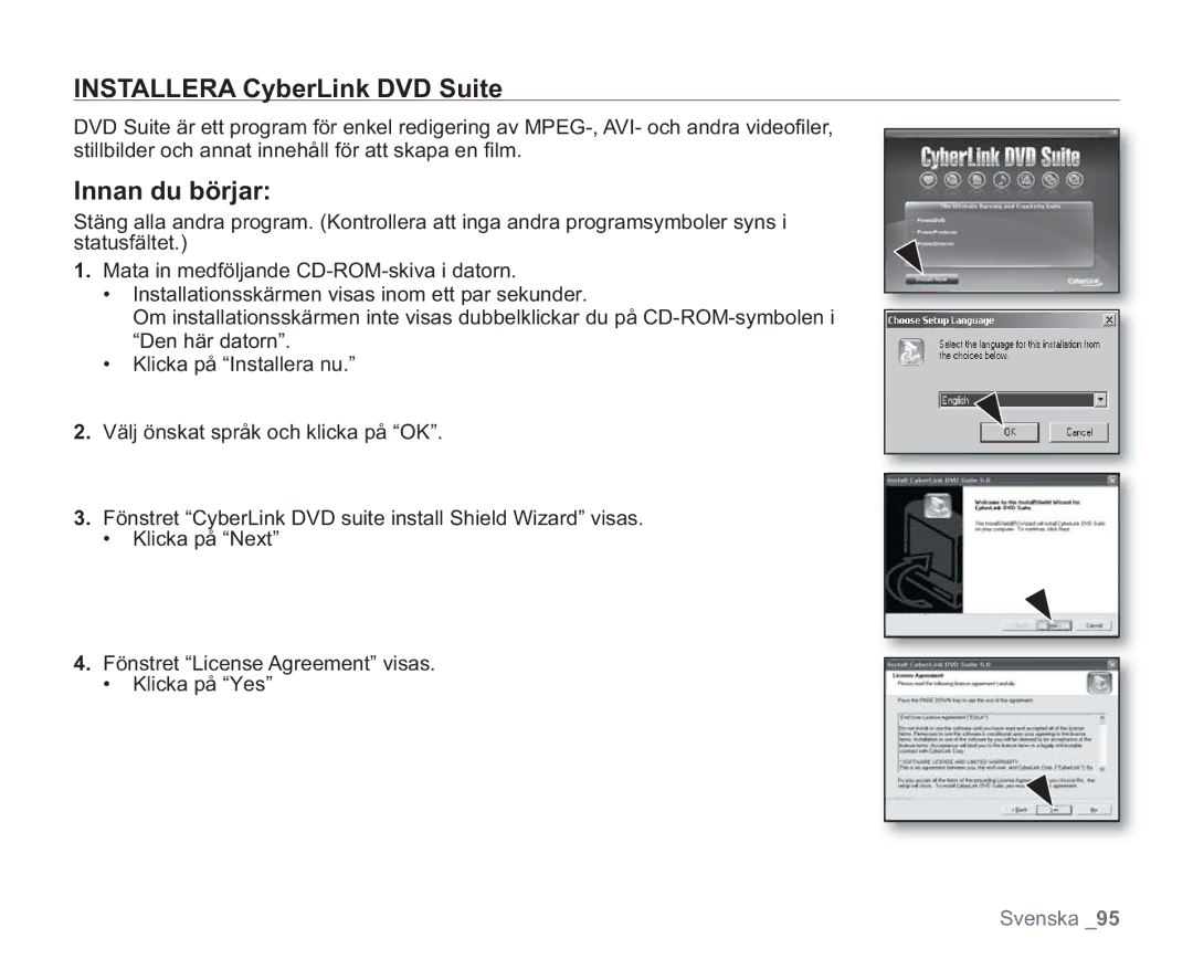 Samsung VP-HMX20C/XEE, VP-HMX20C/EDC manual Installera CyberLink DVD Suite 