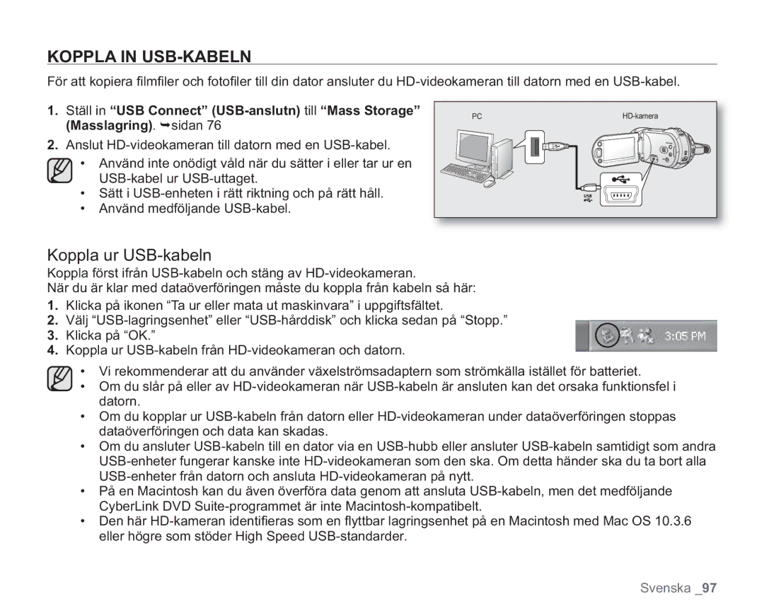 Samsung VP-HMX20C/XEE, VP-HMX20C/EDC manual Koppla in USB-KABELN, Koppla ur USB-kabeln 