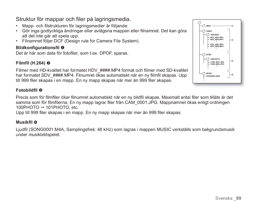 Samsung VP-HMX20C/XEE manual Struktur för mappar och ﬁ ler på lagringsmedia, Bildkonﬁgurationsﬁ l, Filmﬁl H.264, Fotobildﬁl 