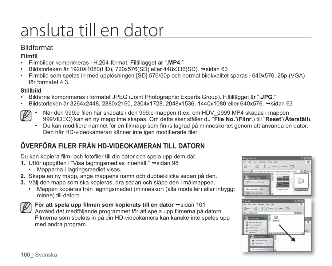 Samsung VP-HMX20C/EDC, VP-HMX20C/XEE manual Bildformat, Överföra Filer Från HD-VIDEOKAMERAN Till Datorn, Filmﬁl, Stillbild 