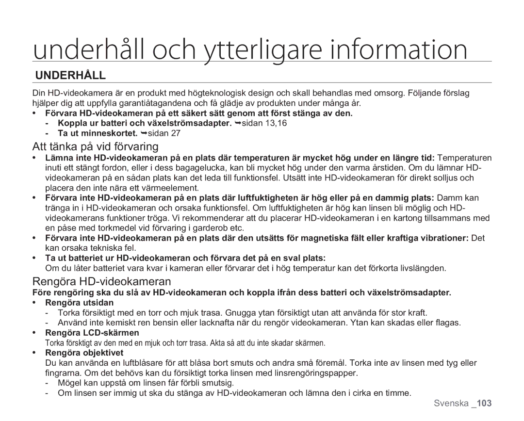 Samsung VP-HMX20C/XEE, VP-HMX20C/EDC Underhåll, Att tänka på vid förvaring, Rengöra HD-videokameran, Rengöra LCD-skärmen 