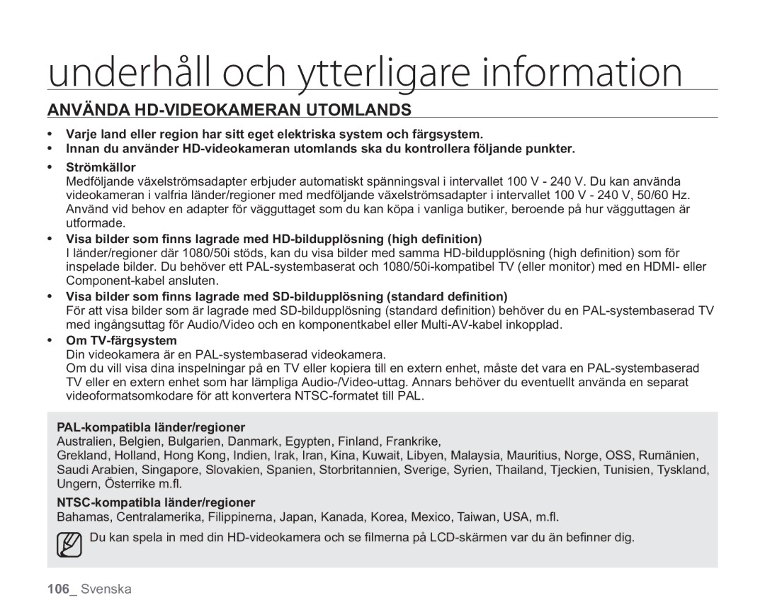 Samsung VP-HMX20C/EDC, VP-HMX20C/XEE Använda HD-VIDEOKAMERAN Utomlands, Om TV-färgsystem, PAL-kompatibla länder/regioner 