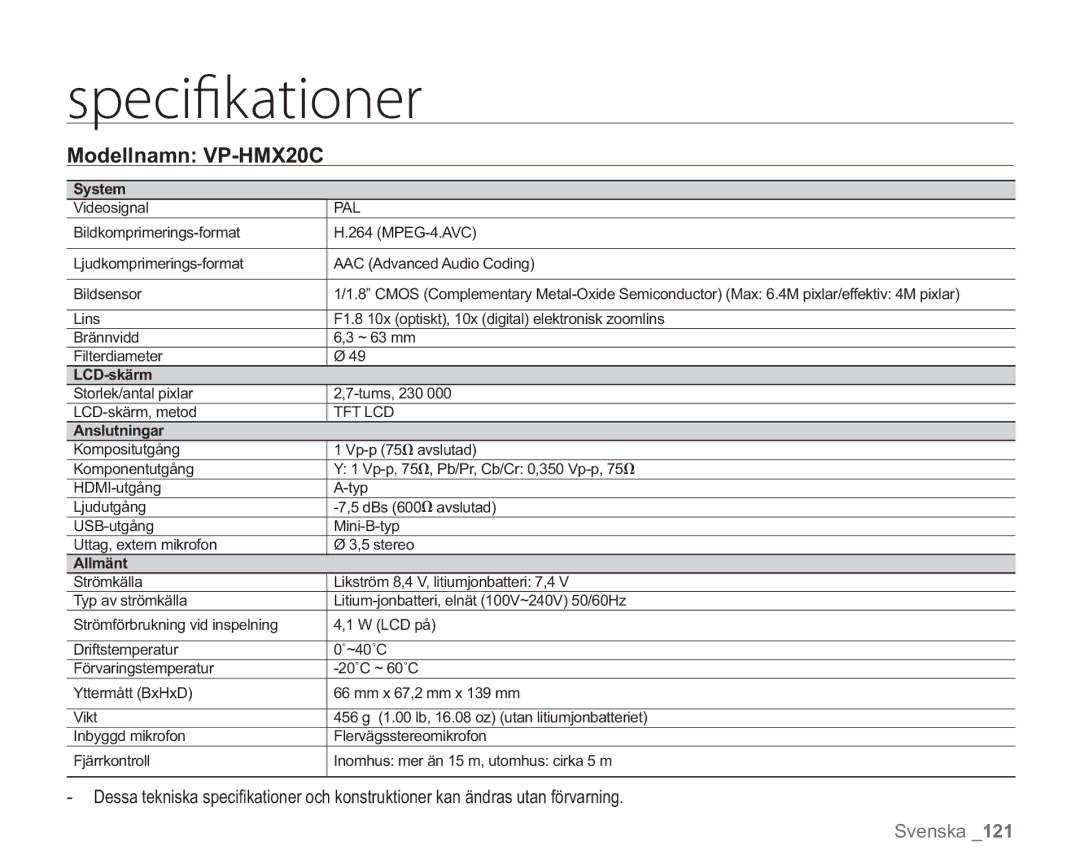 Samsung VP-HMX20C/XEE, VP-HMX20C/EDC manual System, LCD-skärm, Anslutningar, Allmänt 