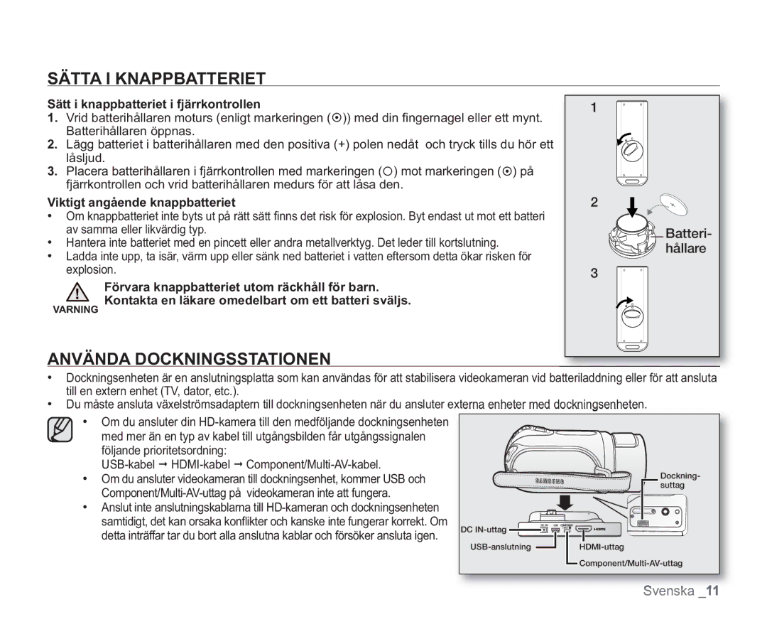 Samsung VP-HMX20C/XEE manual Sätta I Knappbatteriet, Använda Dockningsstationen, Sätt i knappbatteriet i fjärrkontrollen 