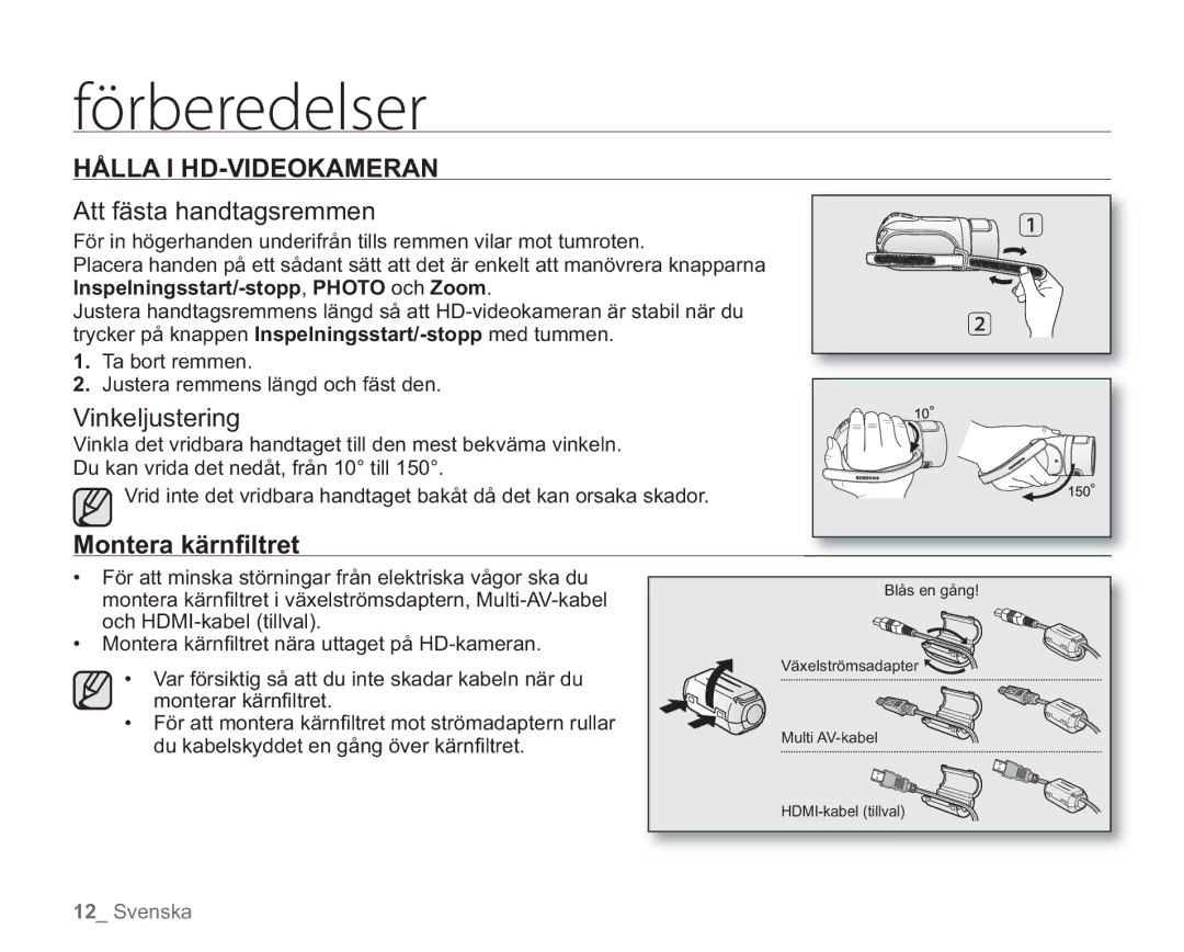 Samsung VP-HMX20C/EDC, VP-HMX20C/XEE manual Hålla I HD-VIDEOKAMERAN, Att fästa handtagsremmen, Vinkeljustering 