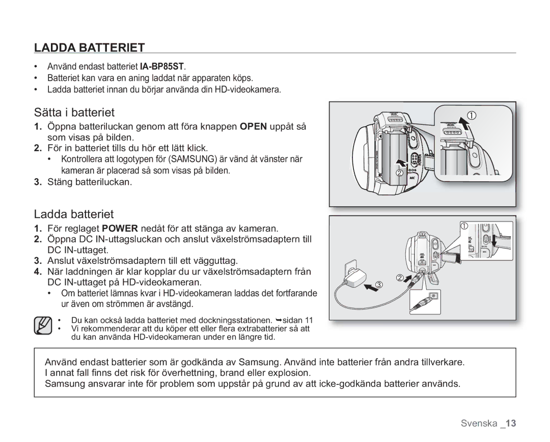 Samsung VP-HMX20C/XEE, VP-HMX20C/EDC manual Ladda Batteriet, Sätta i batteriet, Ladda batteriet 