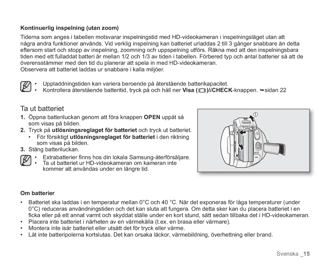 Samsung VP-HMX20C/XEE, VP-HMX20C/EDC manual Ta ut batteriet, Kontinuerlig inspelning utan zoom, Om batterier 