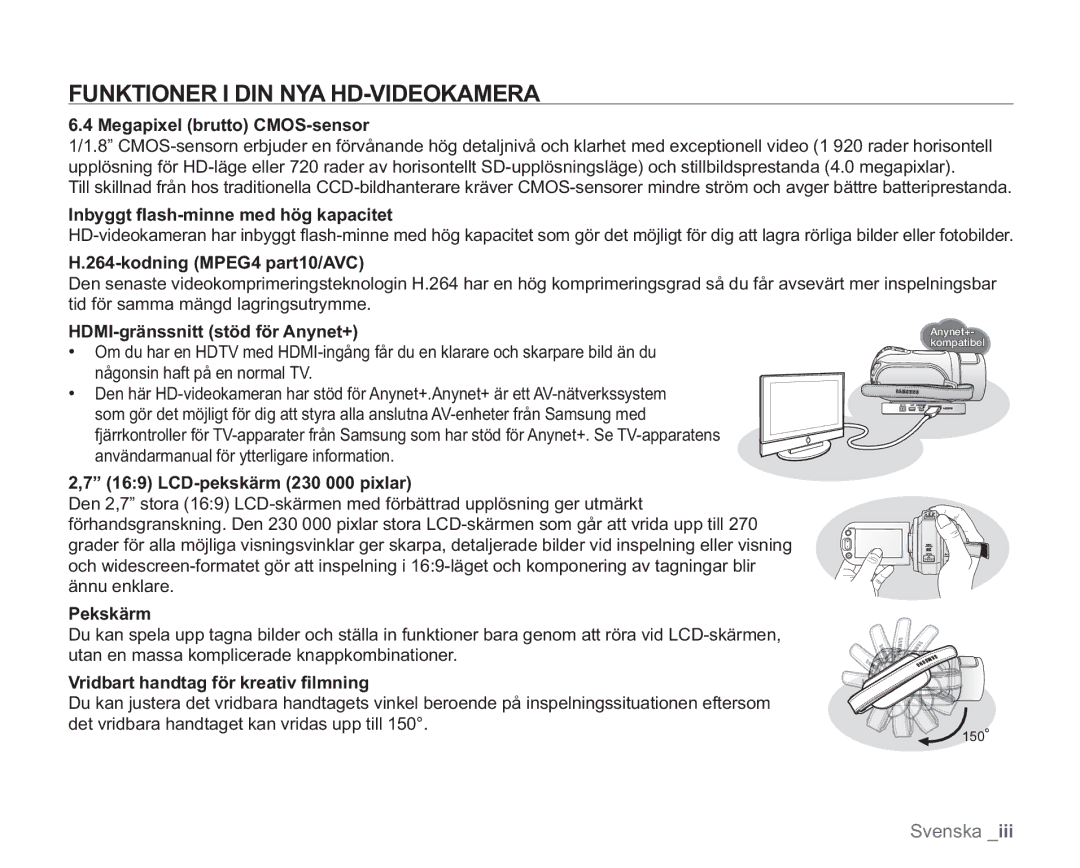 Samsung VP-HMX20C/XEE, VP-HMX20C/EDC manual Funktioner I DIN NYA HD-VIDEOKAMERA 