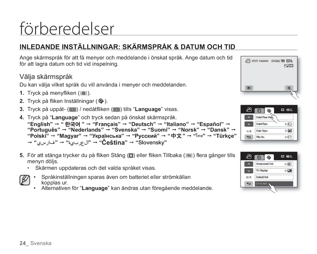 Samsung VP-HMX20C/EDC manual Inledande Inställningar Skärmspråk & Datum OCH TID, Välja skärmspråk, Čeština 4MPWFOTLZ 