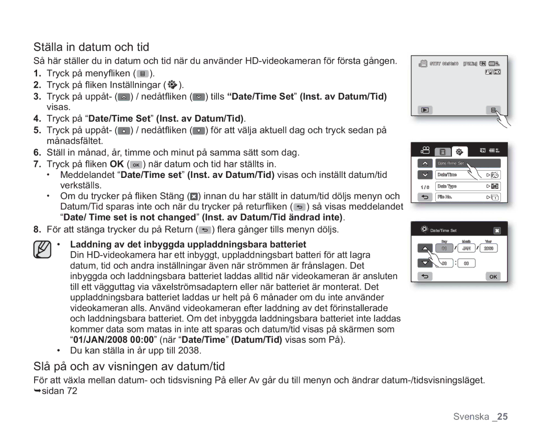 Samsung VP-HMX20C/XEE, VP-HMX20C/EDC manual Ställa in datum och tid, Slå på och av visningen av datum/tid 