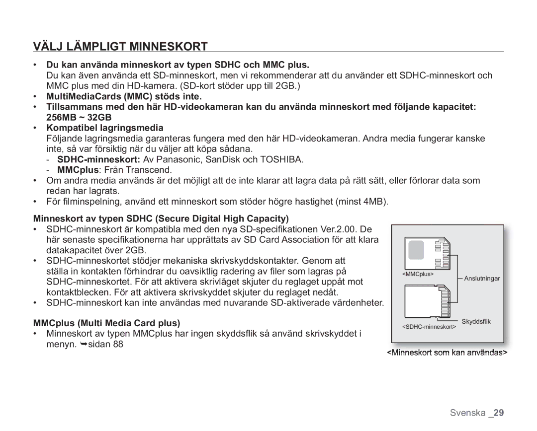 Samsung VP-HMX20C/XEE, VP-HMX20C/EDC manual Välj Lämpligt Minneskort, Du kan använda minneskort av typen Sdhc och MMC plus 