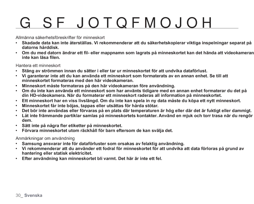Samsung VP-HMX20C/EDC Allmänna säkerhetsföreskrifter för minneskort, Hantera ett minneskort, Anmärkningar om användning 