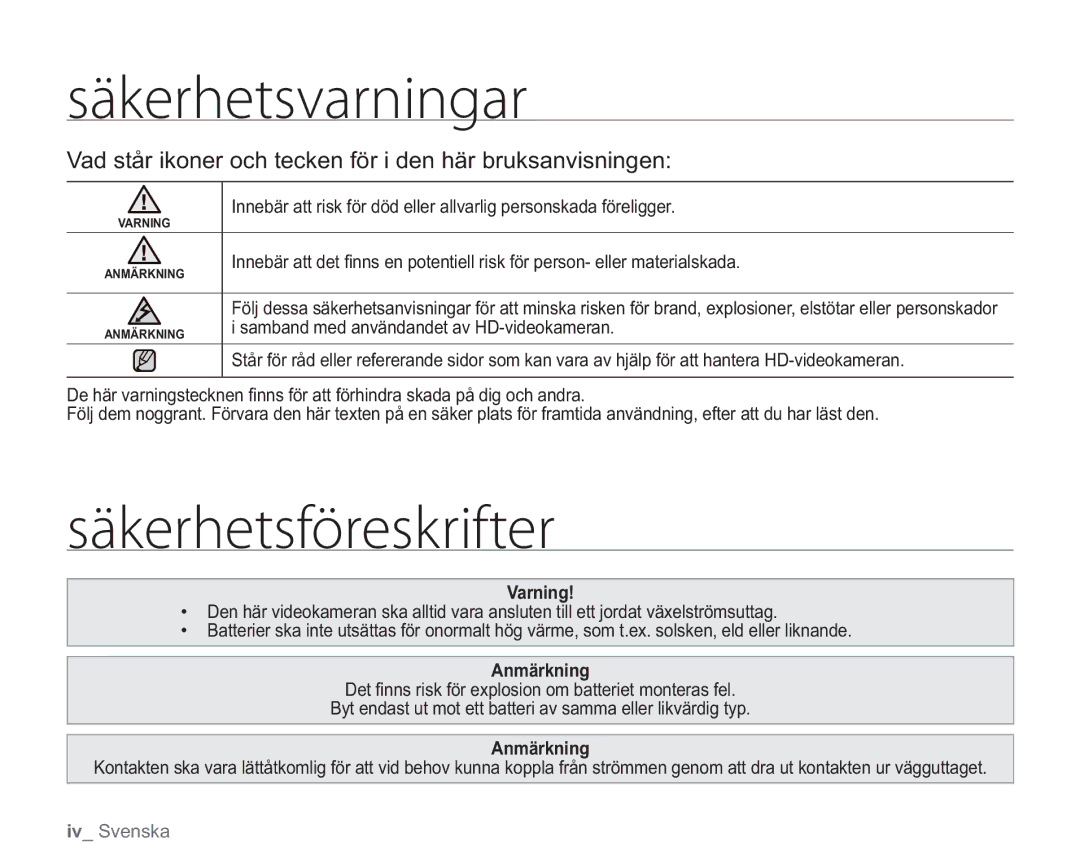 Samsung VP-HMX20C/EDC Têlfsifutwbsojohbs, Têlfsifutgúsftlsjgufs, Vad står ikoner och tecken för i den här bruksanvisningen 