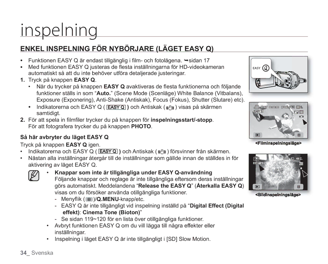 Samsung VP-HMX20C/EDC, VP-HMX20C/XEE manual Enkel Inspelning FÖR Nybörjare Läget Easy Q, Så här avbryter du läget Easy Q 