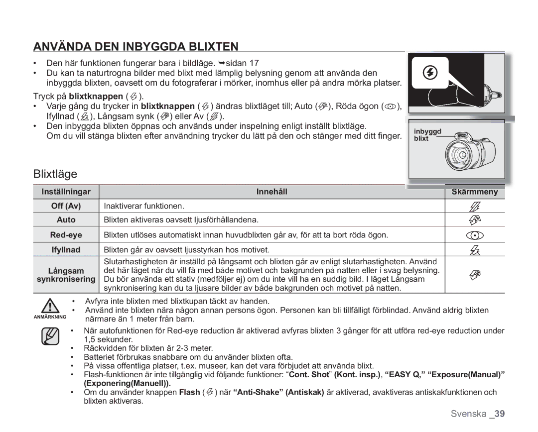 Samsung VP-HMX20C/XEE, VP-HMX20C/EDC manual Använda DEN Inbyggda Blixten, Blixtläge 