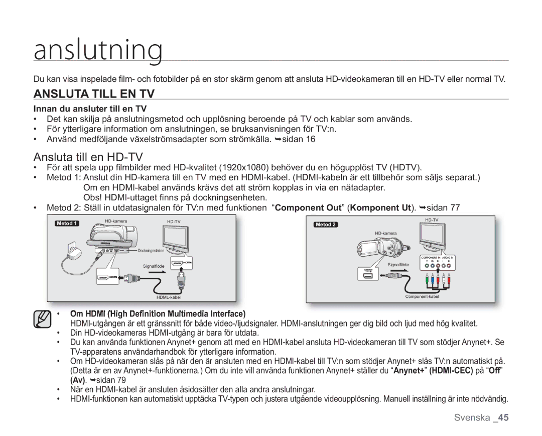 Samsung VP-HMX20C/XEE, VP-HMX20C/EDC Botmvuojoh, Ansluta Till EN TV, Ansluta till en HD-TV, Innan du ansluter till en TV 