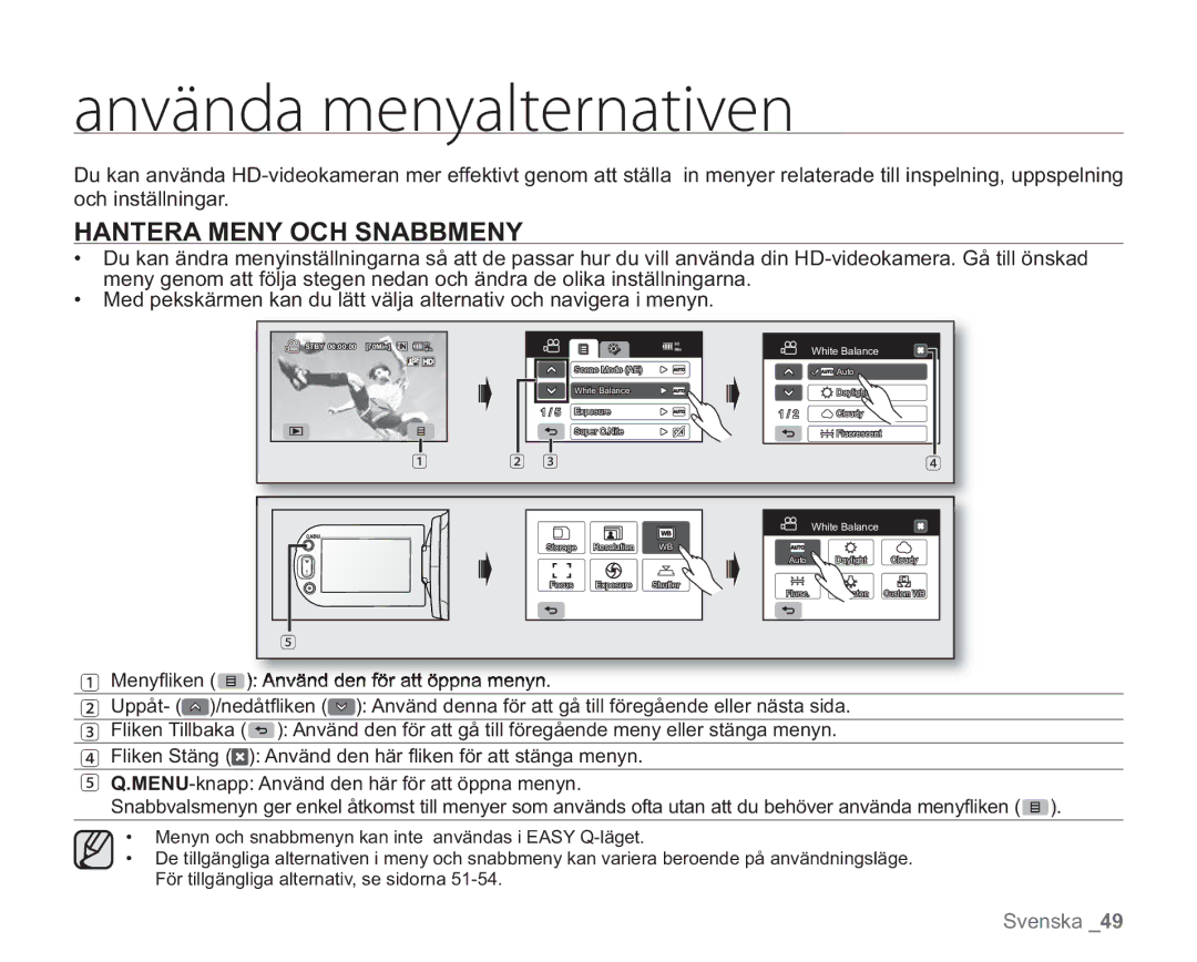 Samsung VP-HMX20C/XEE, VP-HMX20C/EDC manual BowêoebNfozbmufsobujwfo, Hantera Meny OCH Snabbmeny 