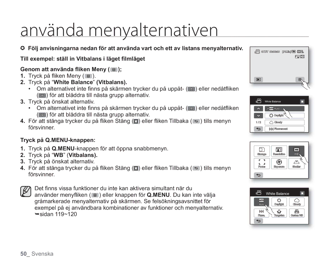 Samsung VP-HMX20C/EDC, VP-HMX20C/XEE manual Tryck på White Balance Vitbalans, Tryck på Q.MENU-knappen 