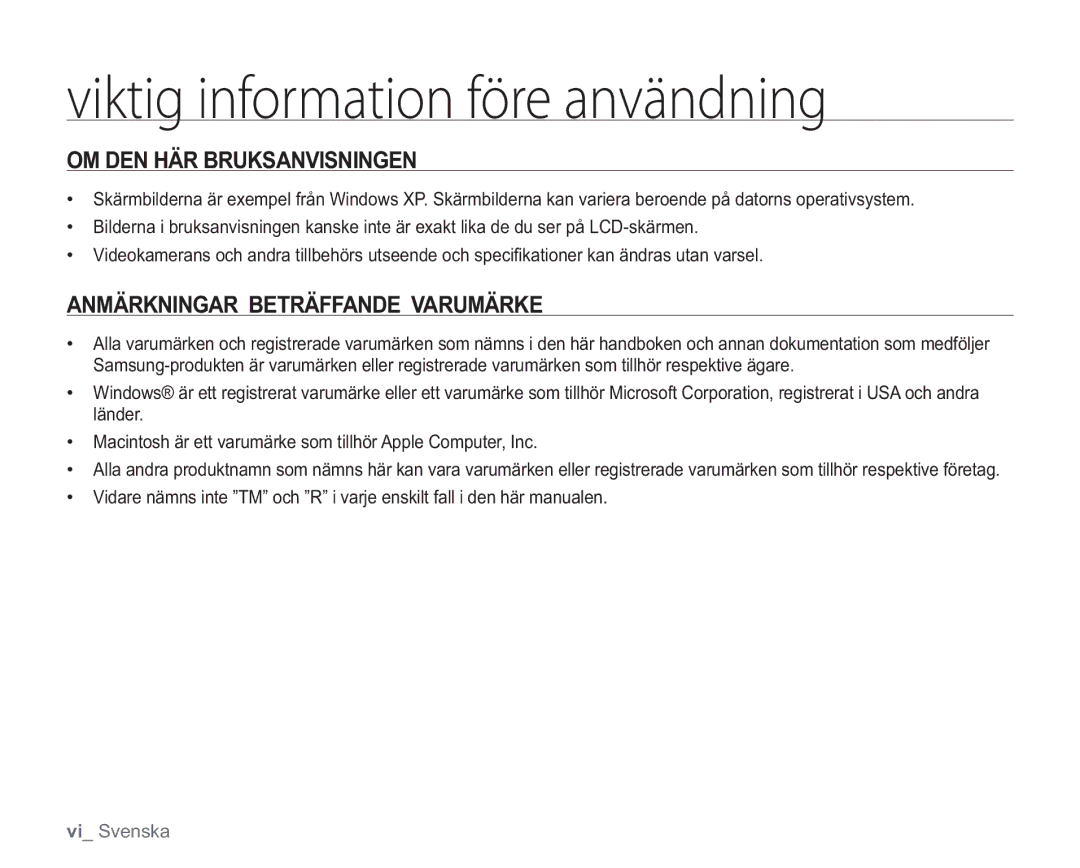 Samsung VP-HMX20C/EDC, VP-HMX20C/XEE manual OM DEN HÄR Bruksanvisningen, Anmärkningar Beträffande Varumärke 