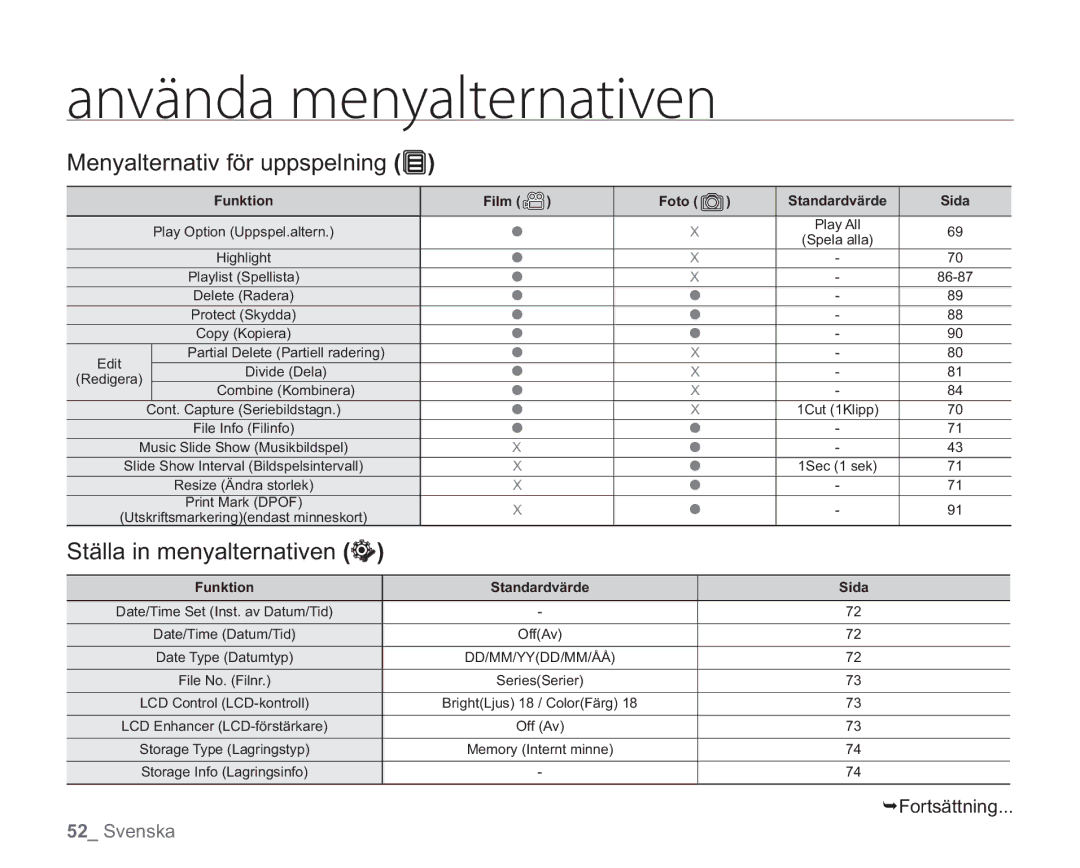 Samsung VP-HMX20C/EDC, VP-HMX20C/XEE manual Menyalternativ för uppspelning, Ställa in menyalternativen 