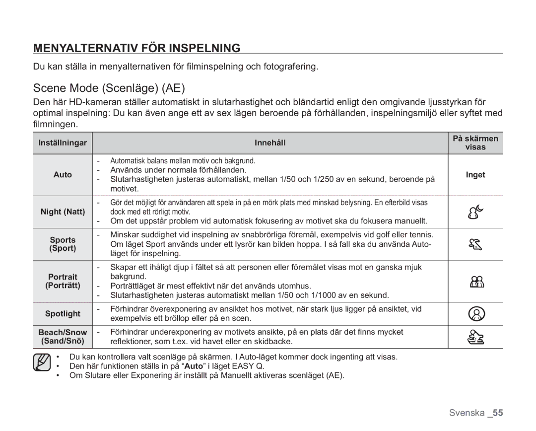 Samsung VP-HMX20C/XEE, VP-HMX20C/EDC manual Menyalternativ FÖR Inspelning, Scene Mode Scenläge AE 