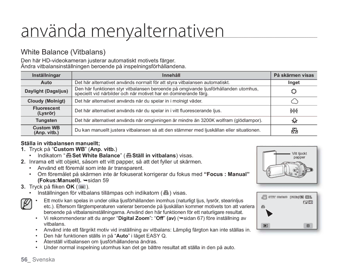 Samsung VP-HMX20C/EDC, VP-HMX20C/XEE manual White Balance Vitbalans 