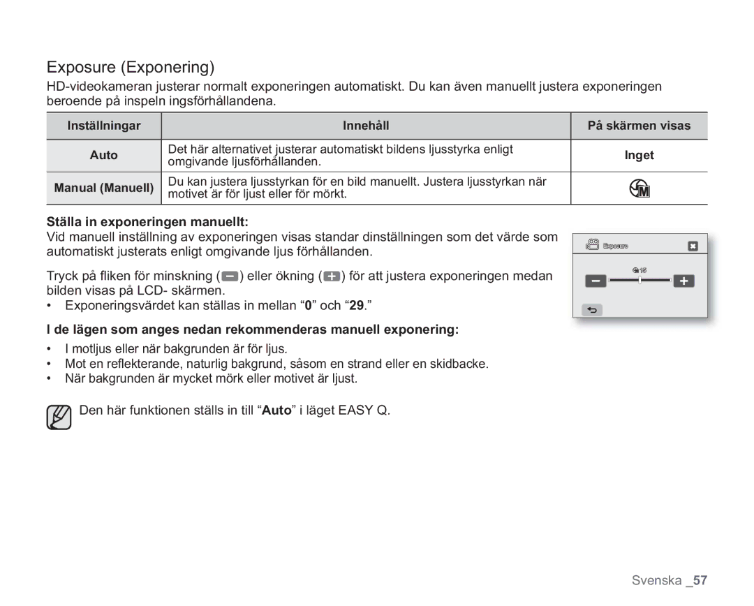 Samsung VP-HMX20C/XEE, VP-HMX20C/EDC manual Exposure Exponering, Ställa in exponeringen manuellt, Manual Manuell 