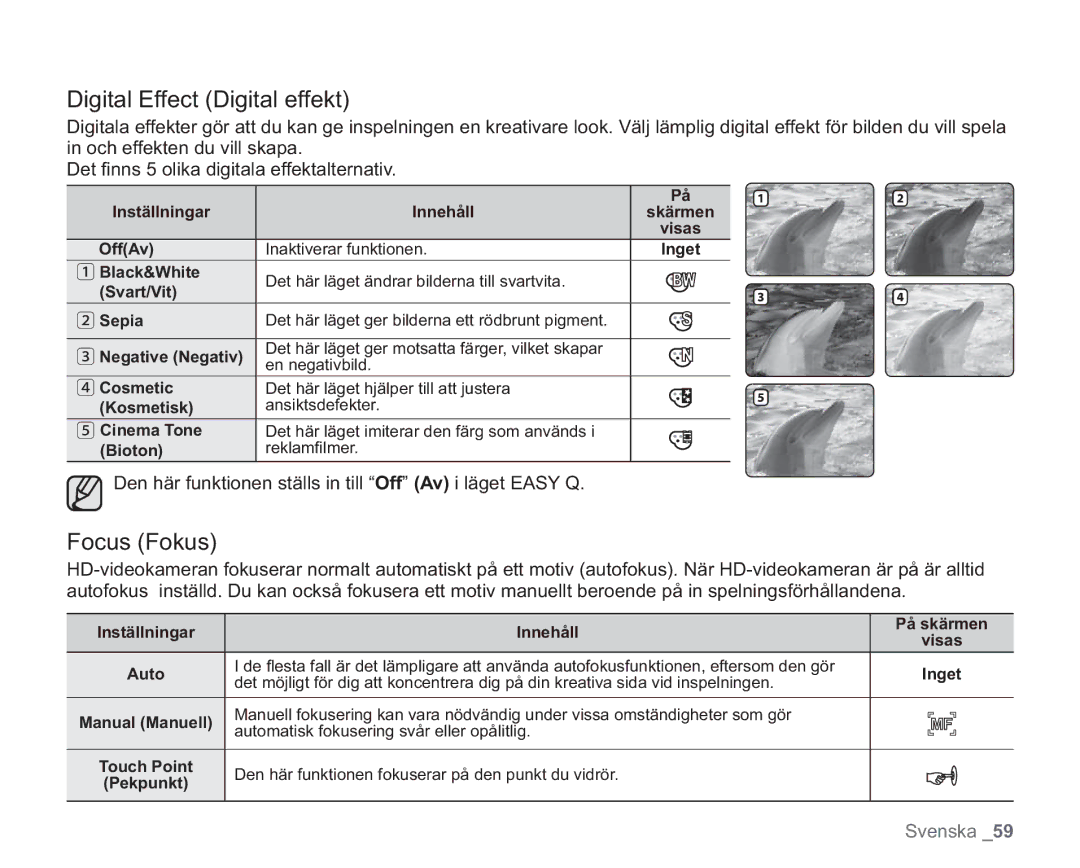 Samsung VP-HMX20C/XEE, VP-HMX20C/EDC manual Digital Effect Digital effekt, Focus Fokus 