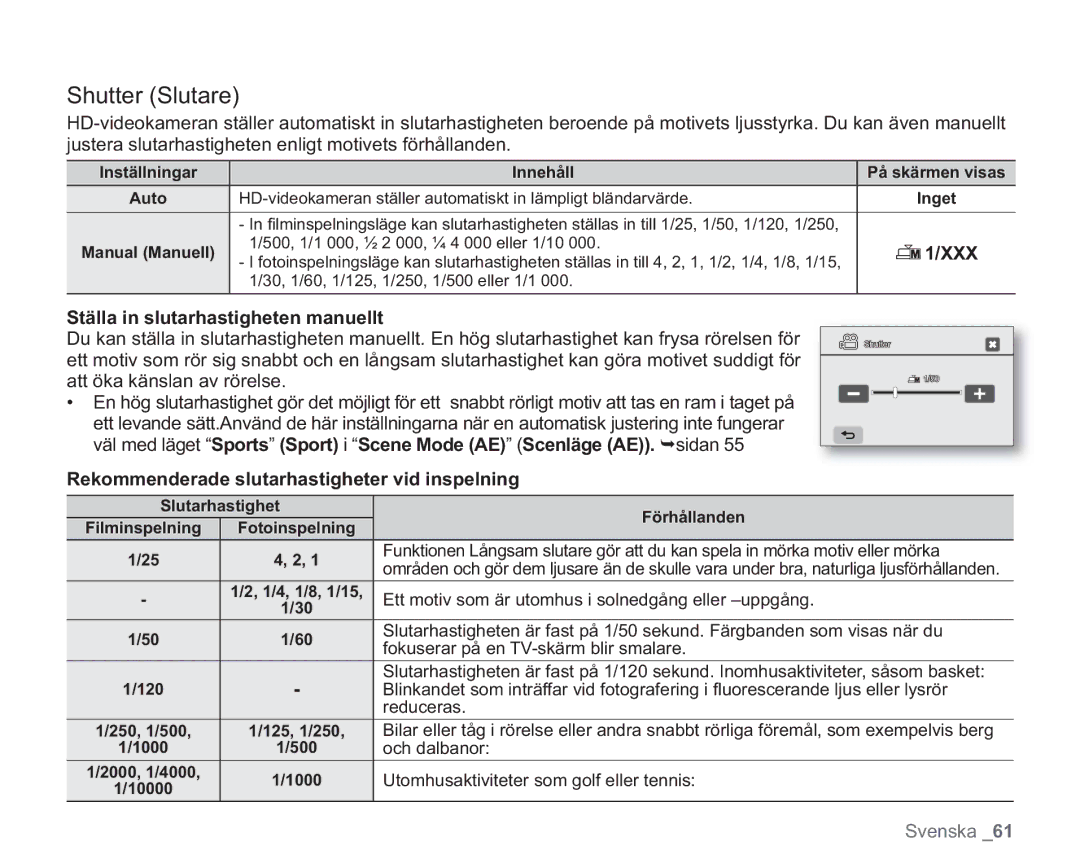 Samsung VP-HMX20C/XEE, VP-HMX20C/EDC manual Shutter Slutare, Ställa in slutarhastigheten manuellt 