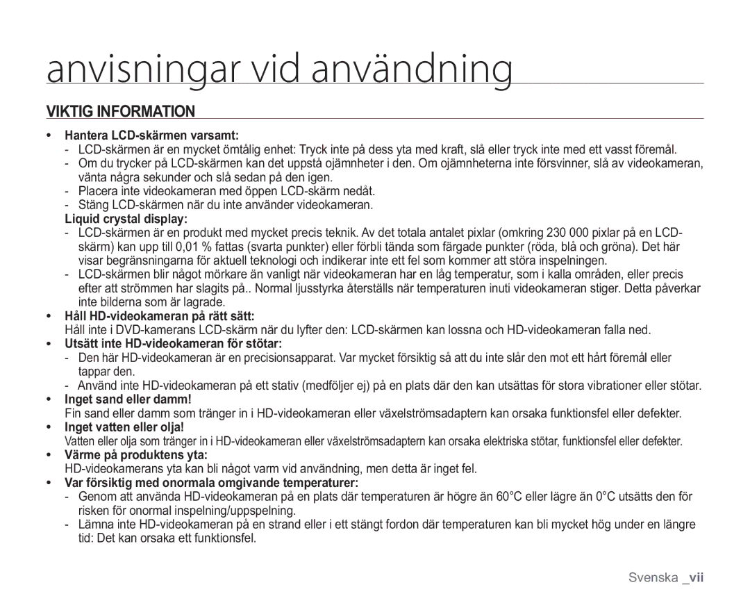 Samsung VP-HMX20C/XEE, VP-HMX20C/EDC manual Viktig Information 